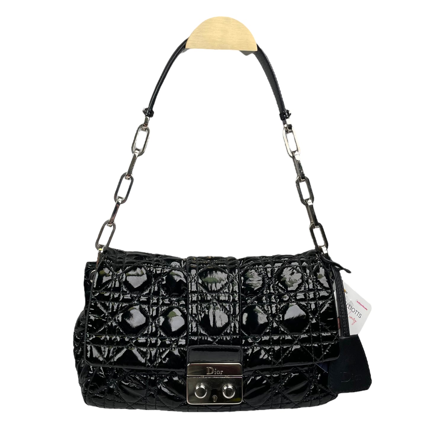 Christian Dior Black New Lock Patent Cannage Quilted Flap Shoulder Chain Purse