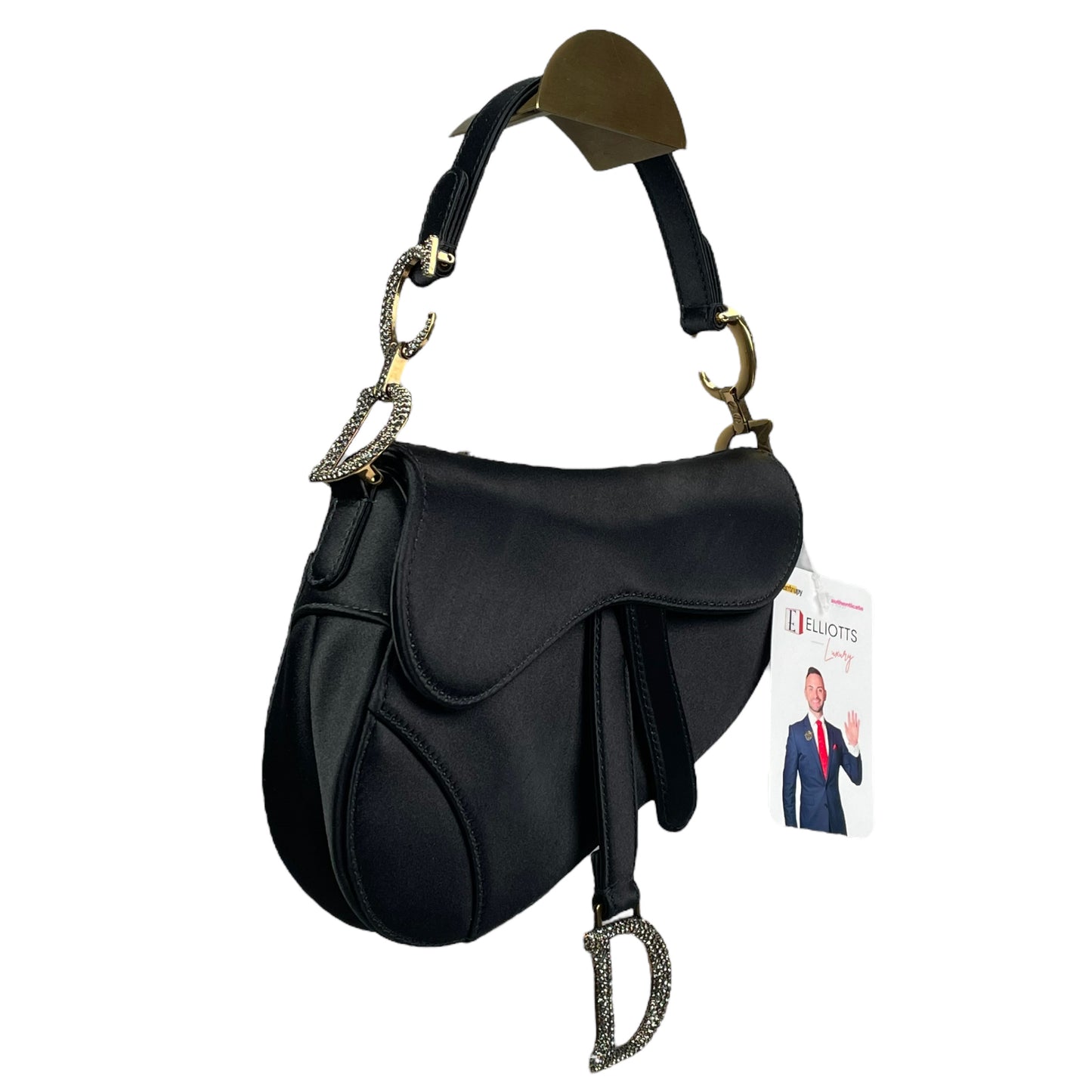 Christian Dior Mini Saddle Bag Black Silk Satin Crystal Encrusted Gold Hardware