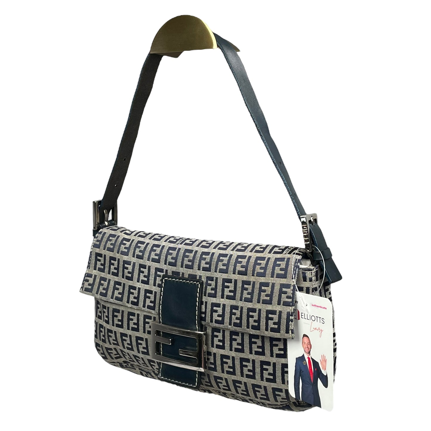 Fendi Classic Baguette Zucchino Navy Canvas Silver Leather Shoulder Purse
