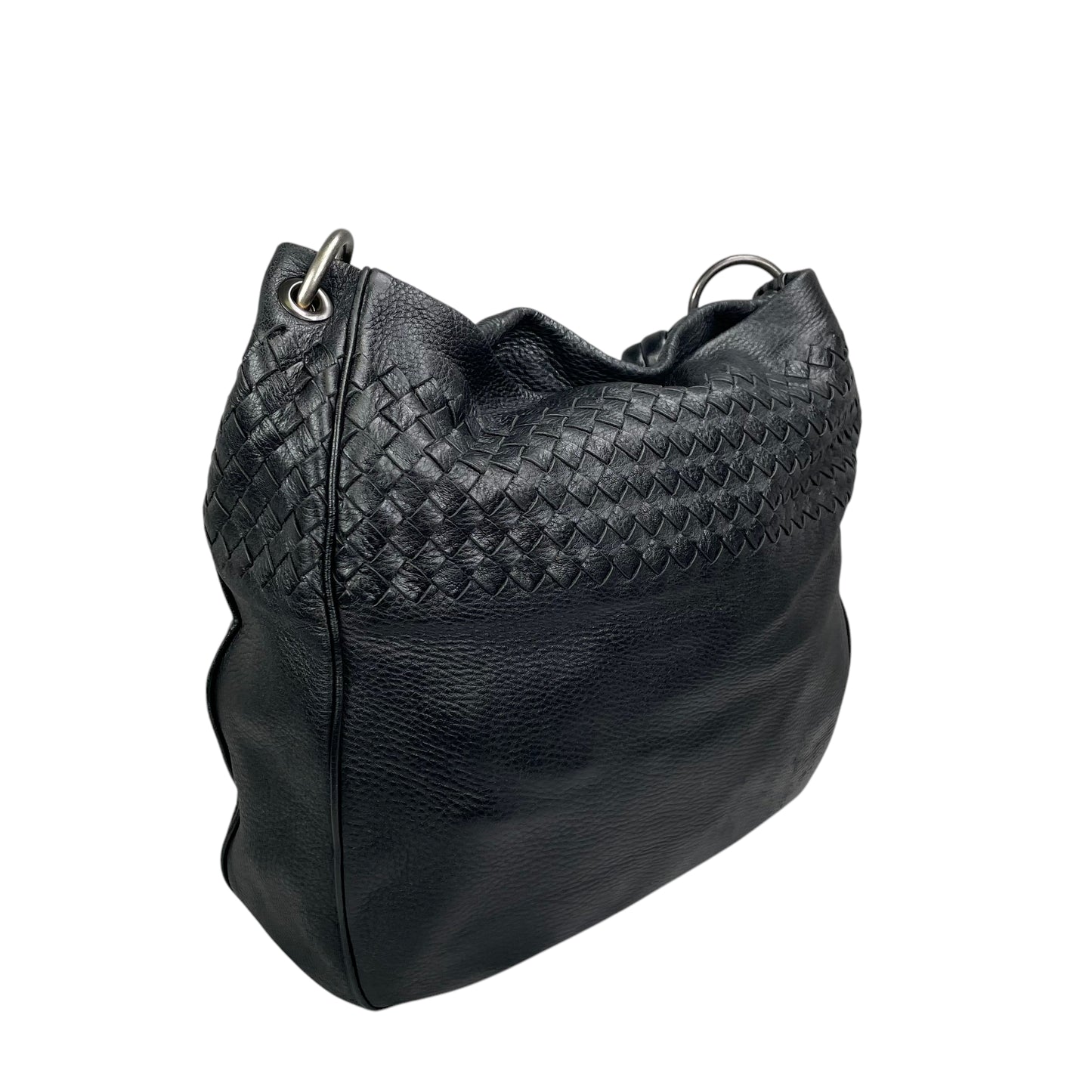 Bottega Veneta Intrecciato Black Medium Leather Gunmetal Hobo Shoulder Purse