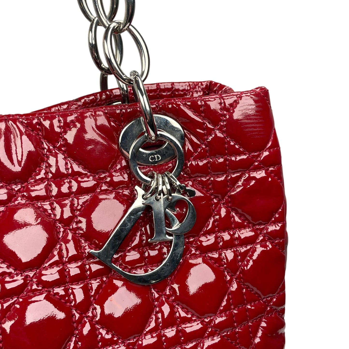 Christian Dior Lady Dior Soft Cannage Patent Quilted Silver Med Shoulder Purse