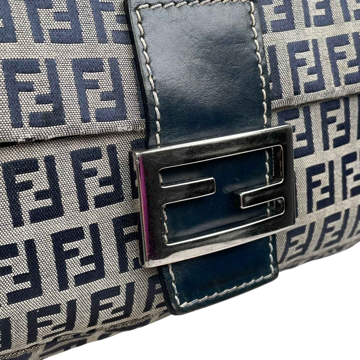 Fendi Classic Baguette Zucchino Navy Canvas Silver Leather Shoulder Purse