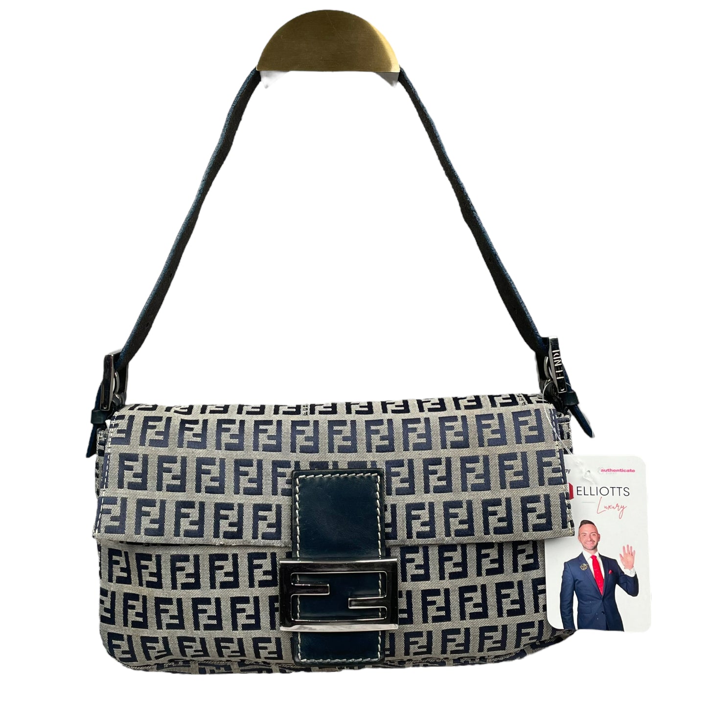 Fendi Classic Baguette Zucchino Navy Canvas Silver Leather Shoulder Purse