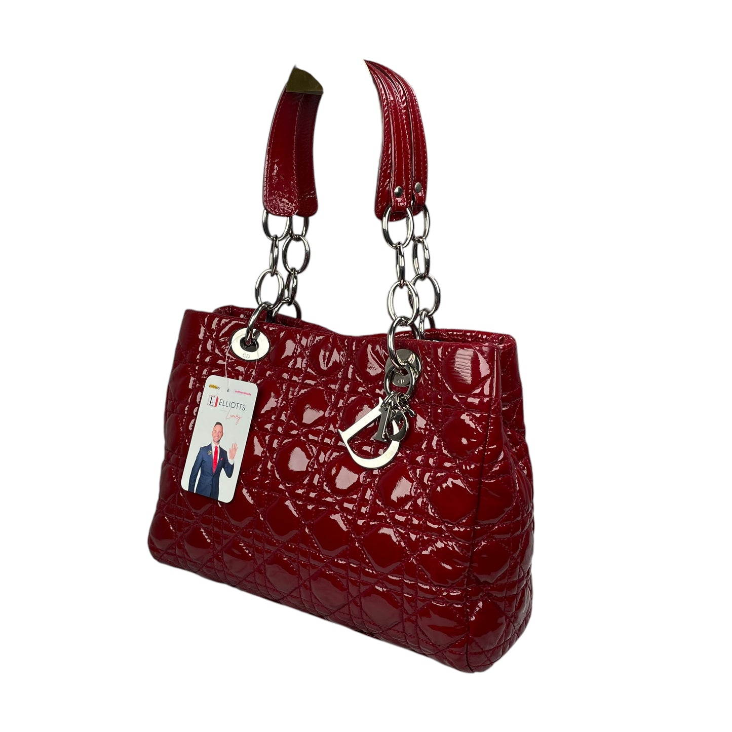 Christian Dior Lady Dior Soft Cannage Patent Quilted Silver Med Shoulder Purse