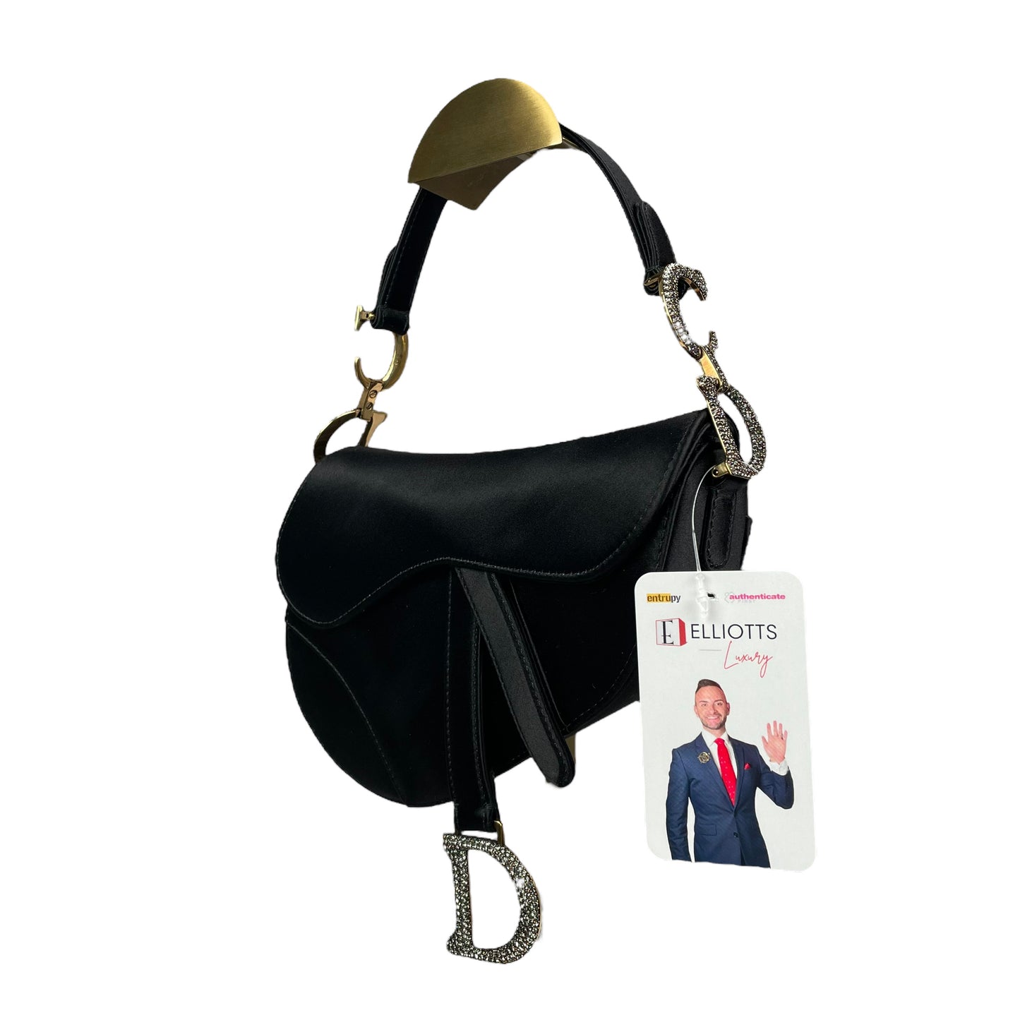 Christian Dior Mini Saddle Bag Black Silk Satin Crystal Encrusted Gold Hardware