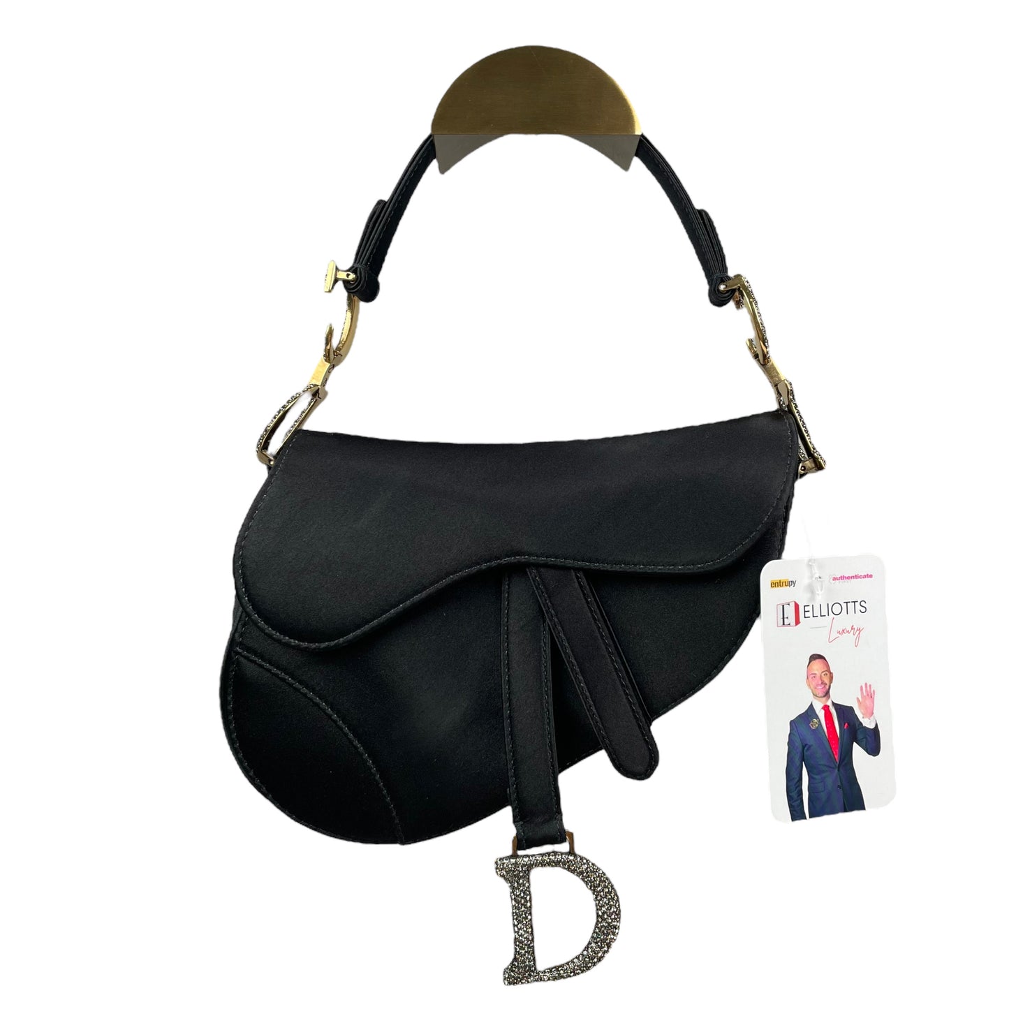 Christian Dior Mini Saddle Bag Black Silk Satin Crystal Encrusted Gold Hardware