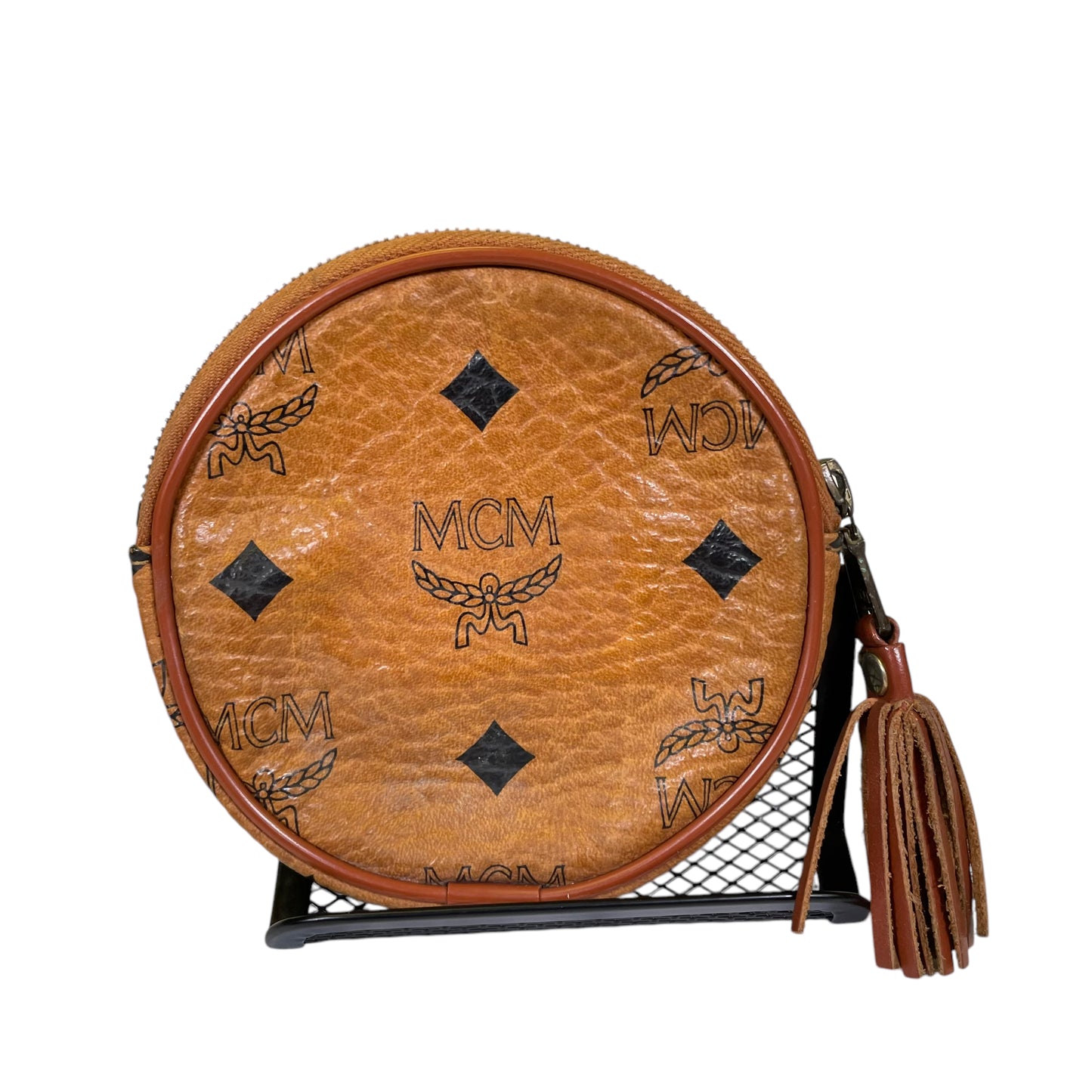 MCM Viestos Brown Coated Canvas Brown Black Leather Round Coin Zip Pouch