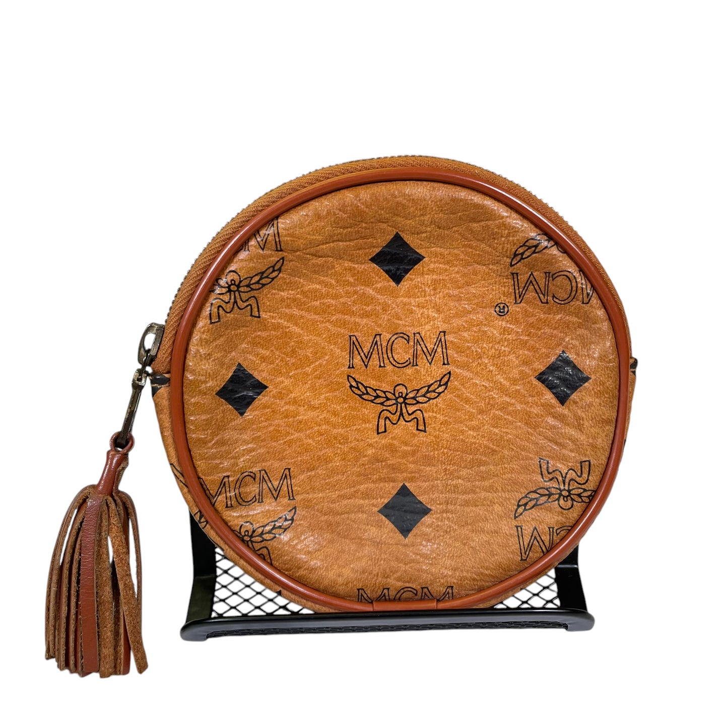 MCM Viestos Brown Coated Canvas Brown Black Leather Round Coin Zip Pouch