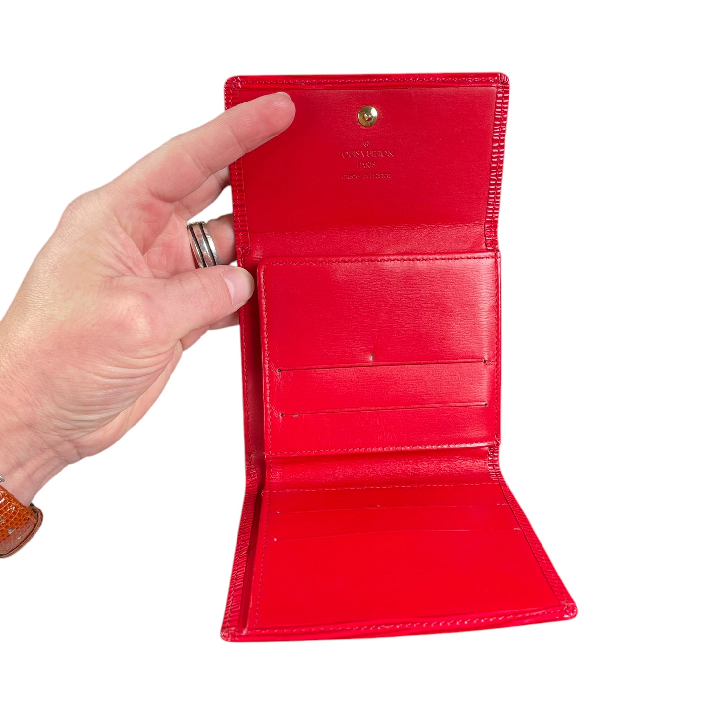 Louis Vuitton Elise Red Epi Woodgrain Tri Fold Snap Coin Cash Card Wallet
