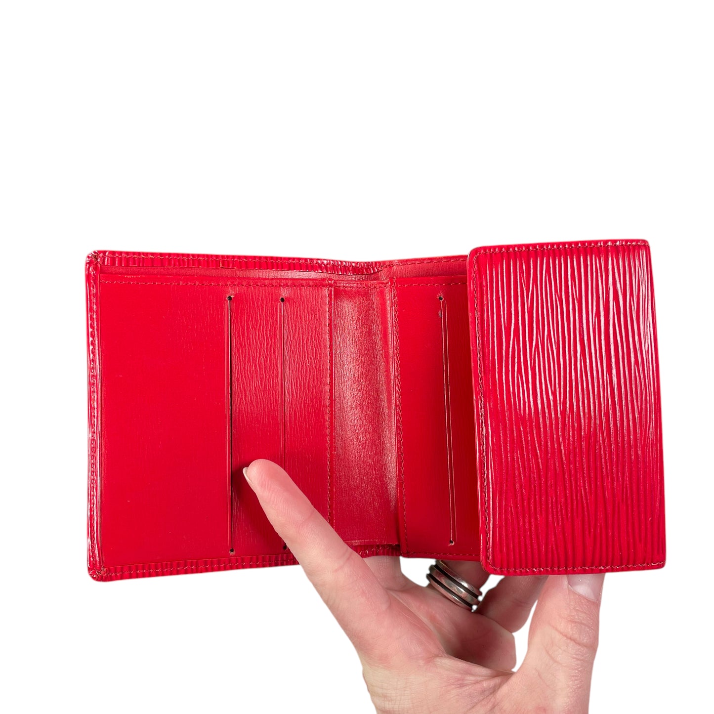 Louis Vuitton Elise Red Epi Woodgrain Tri Fold Snap Coin Cash Card Wallet