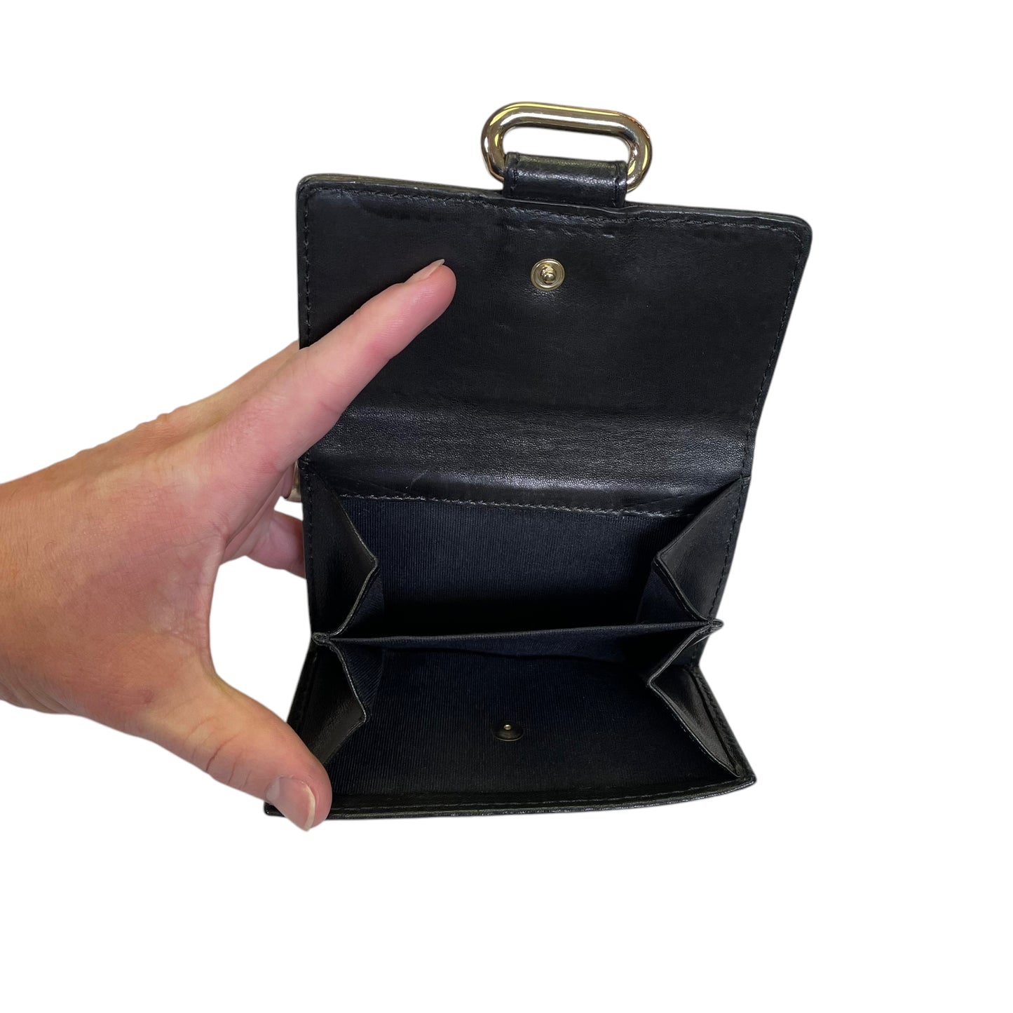 Jimmy Choo Black Leather Perforated Golden Studded Tri-Fold Snap Wallet