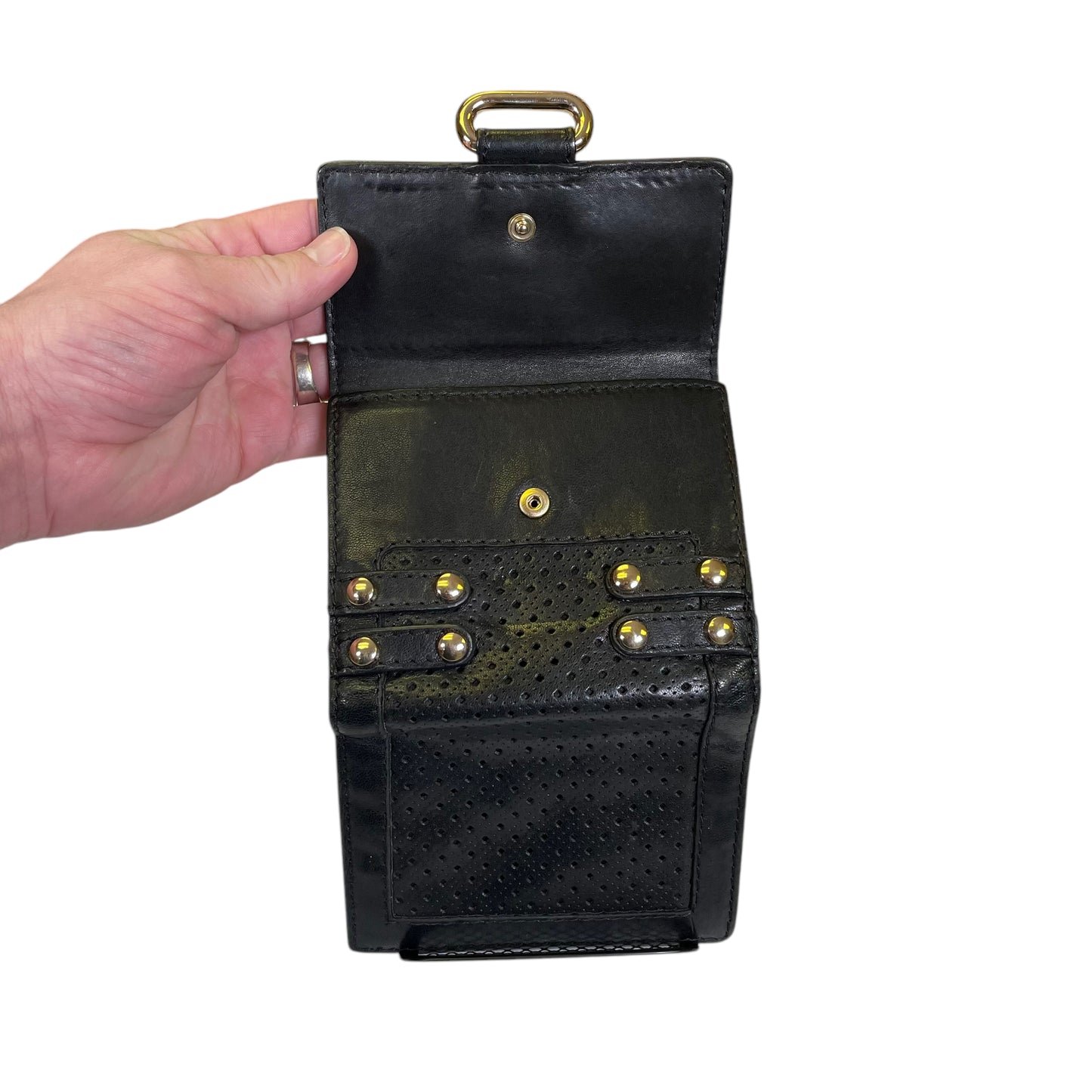 Jimmy Choo Black Leather Perforated Golden Studded Tri-Fold Snap Wallet