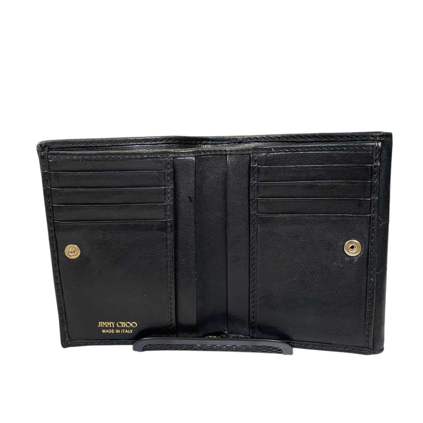 Jimmy Choo Black Leather Perforated Golden Studded Tri-Fold Snap Wallet