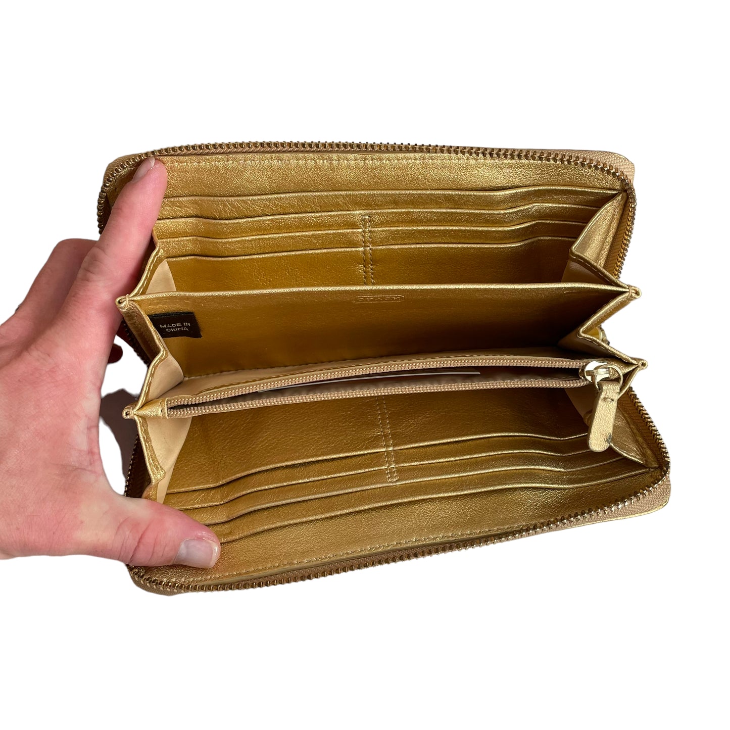Coach Golden Metallic Carriage Rippled Leather Signature Large Zip Around Wallet