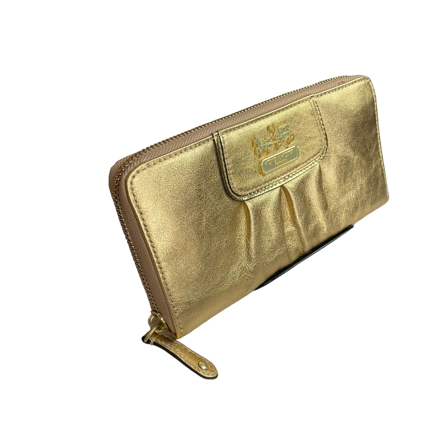 Coach Golden Metallic Carriage Rippled Leather Signature Large Zip Around Wallet