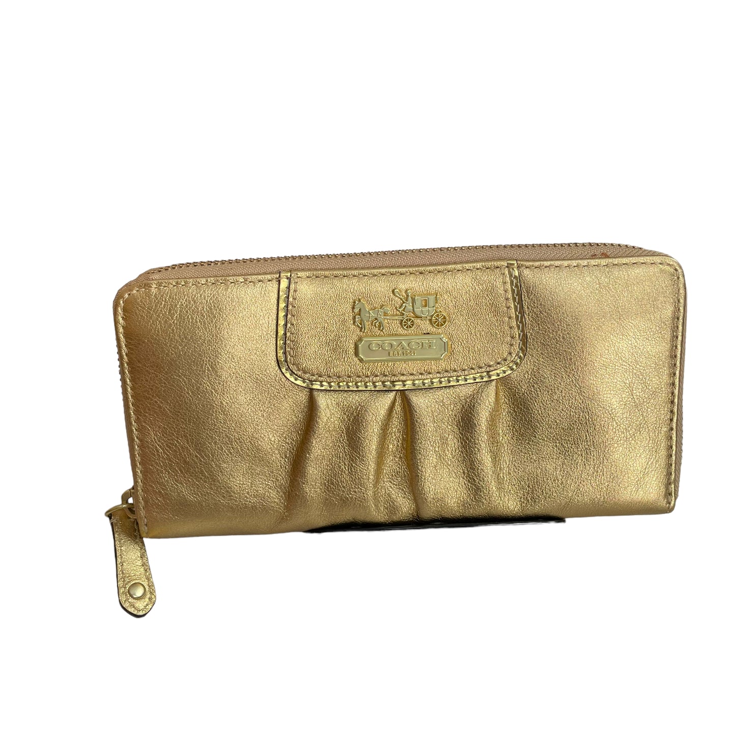 Coach Golden Metallic Carriage Rippled Leather Signature Large Zip Around Wallet