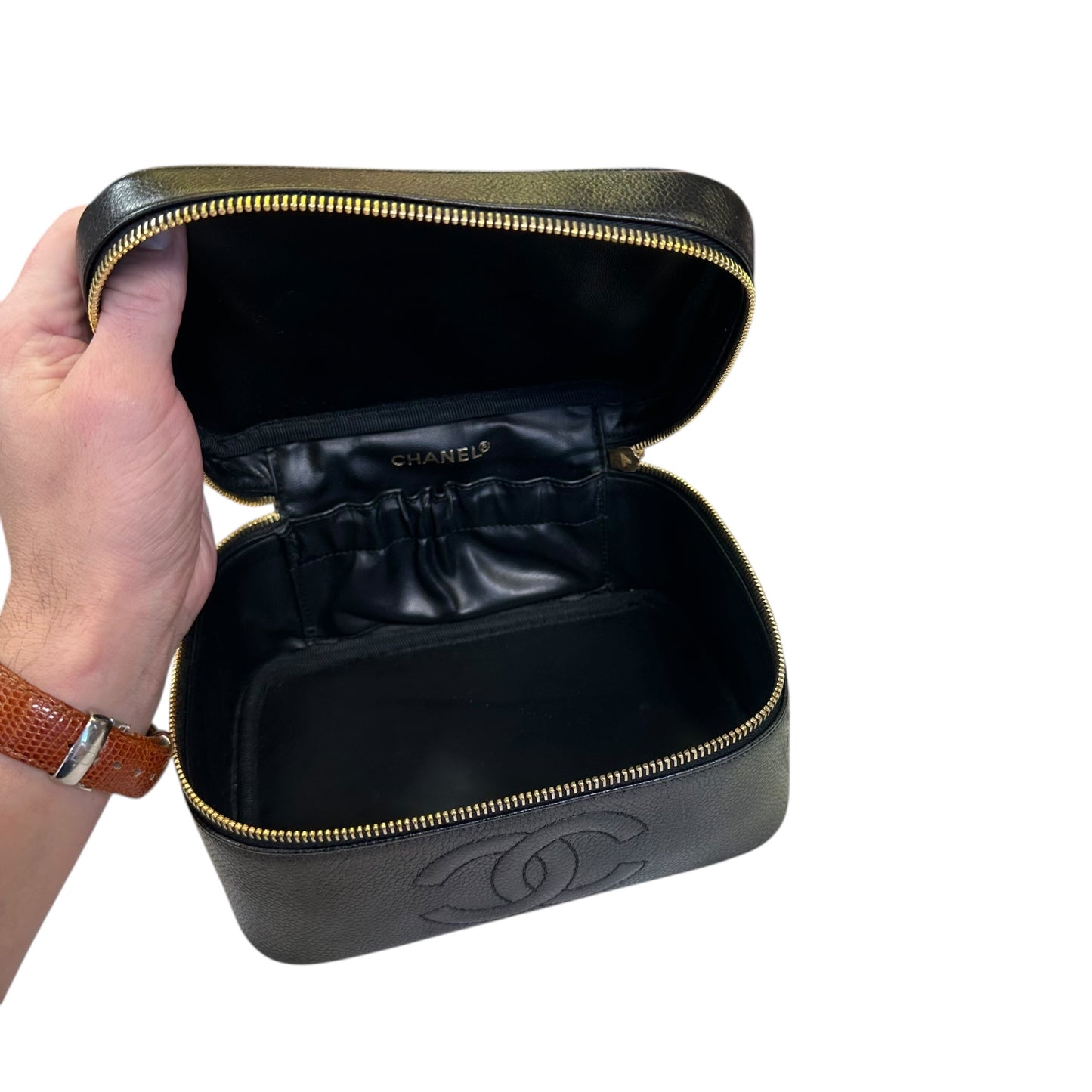 Chanel CC Black Timeless Caviar Rectangular Small Cosmetic Travel Case Top Handle