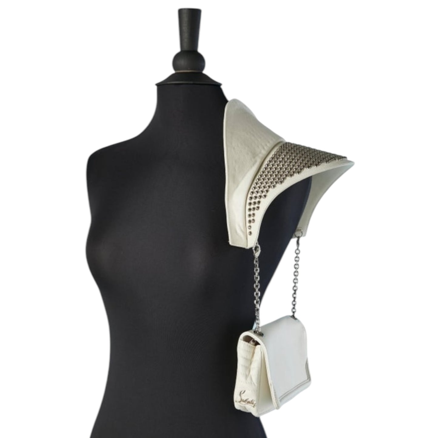 Christian Louboutin Double Flap Studded Strap Shoulder White Leather Small Purse