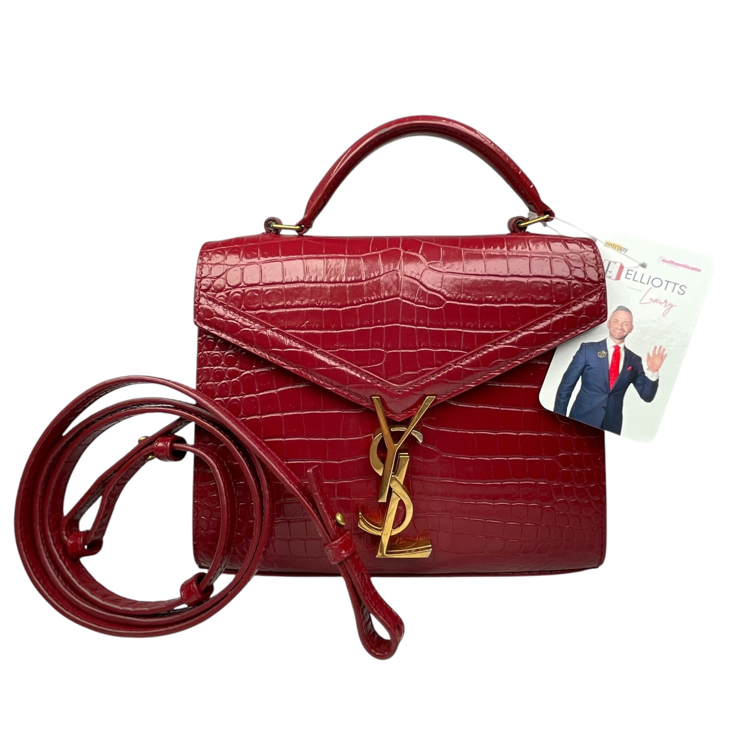 YSL Saint Laurent Mini GHW Bordeaux Croc Embossed Cassandra 2-Way Top Handle