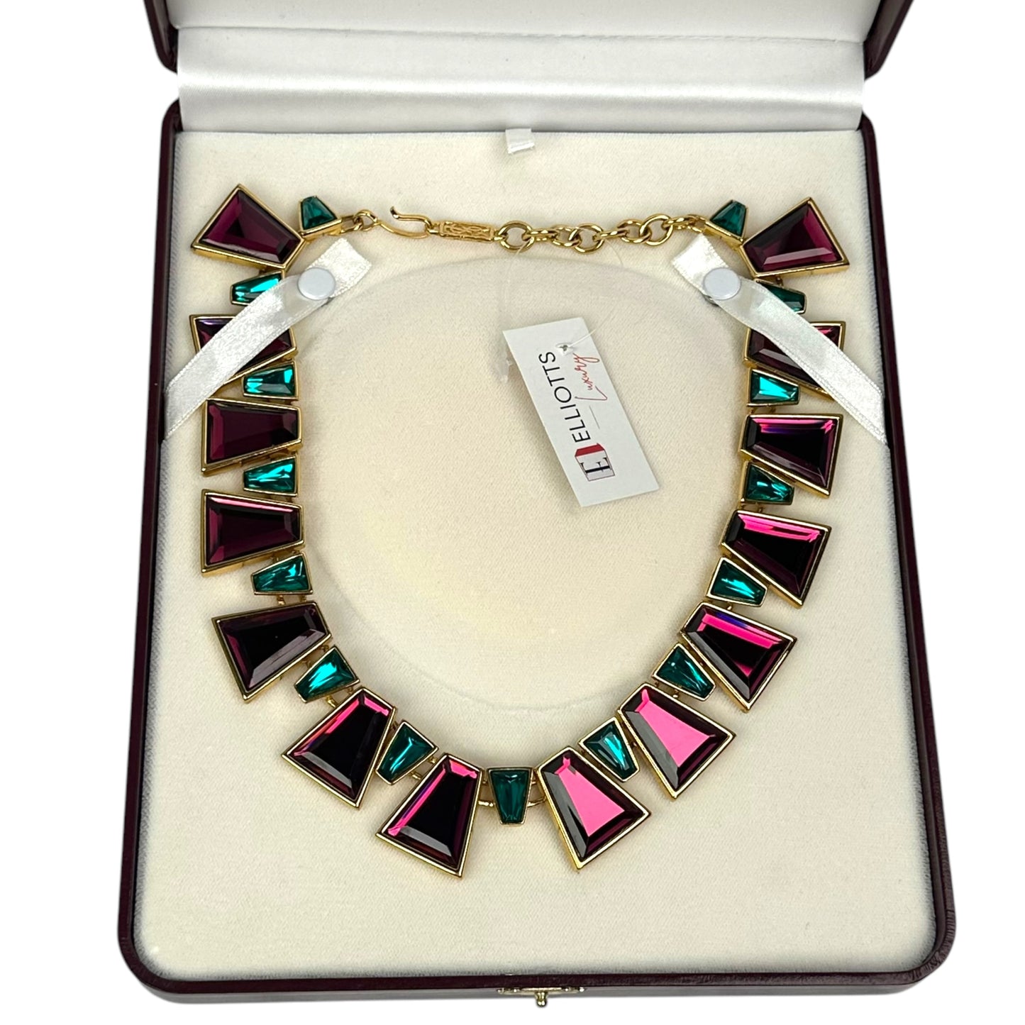 YSL 24K Plated Raspberry Peacock Trapezoid Swarovski Egyptian Mardi Gras Necklace 18"