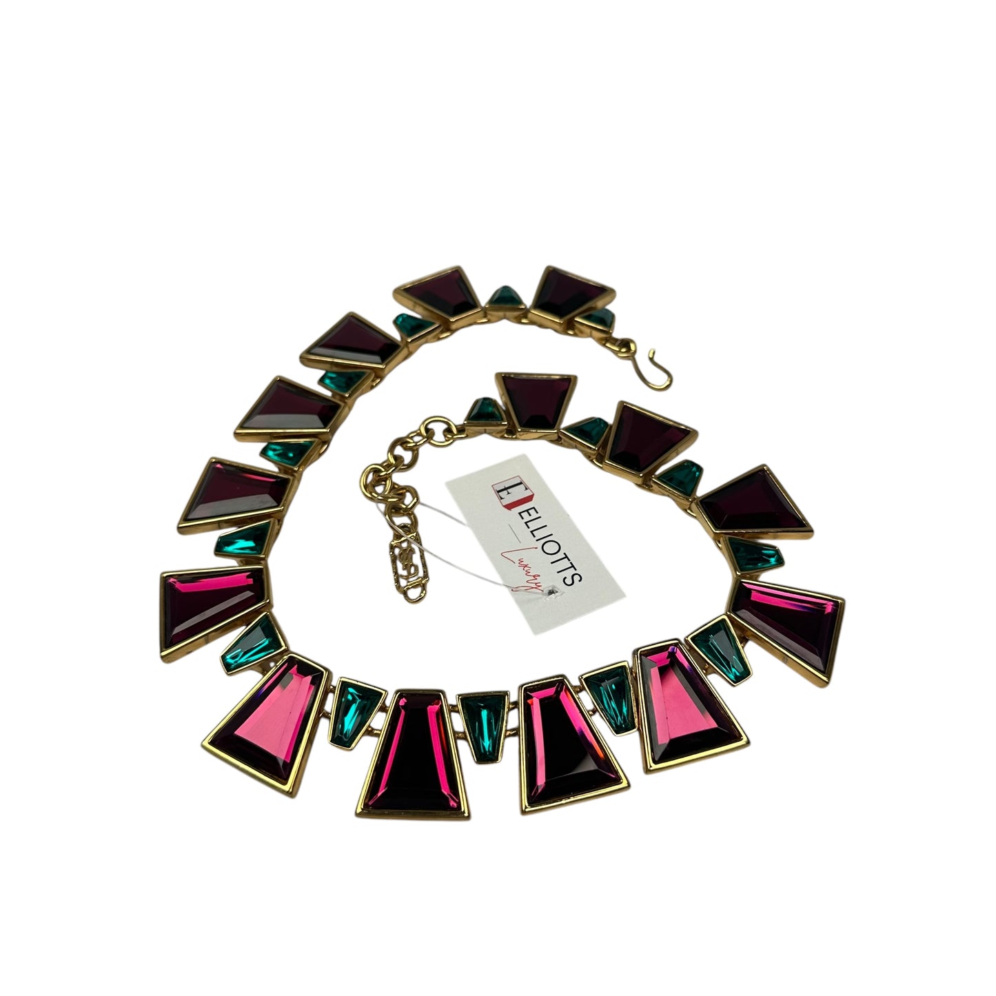 YSL 24K Plated Raspberry Peacock Trapezoid Swarovski Egyptian Mardi Gras Necklace 18"