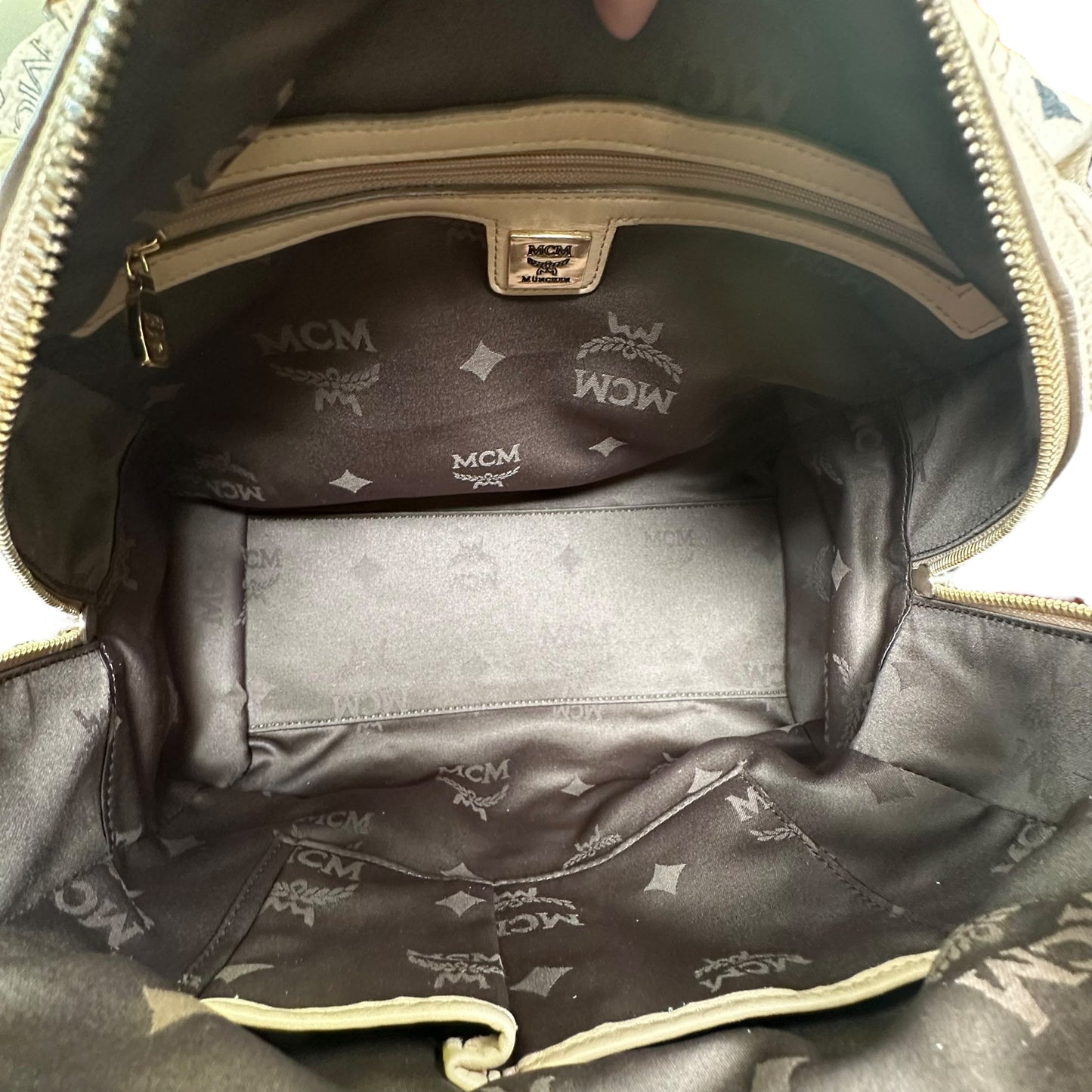 MCM Visetos Coated Canvas Leather Creme Goldtone Leather Satchel Purse