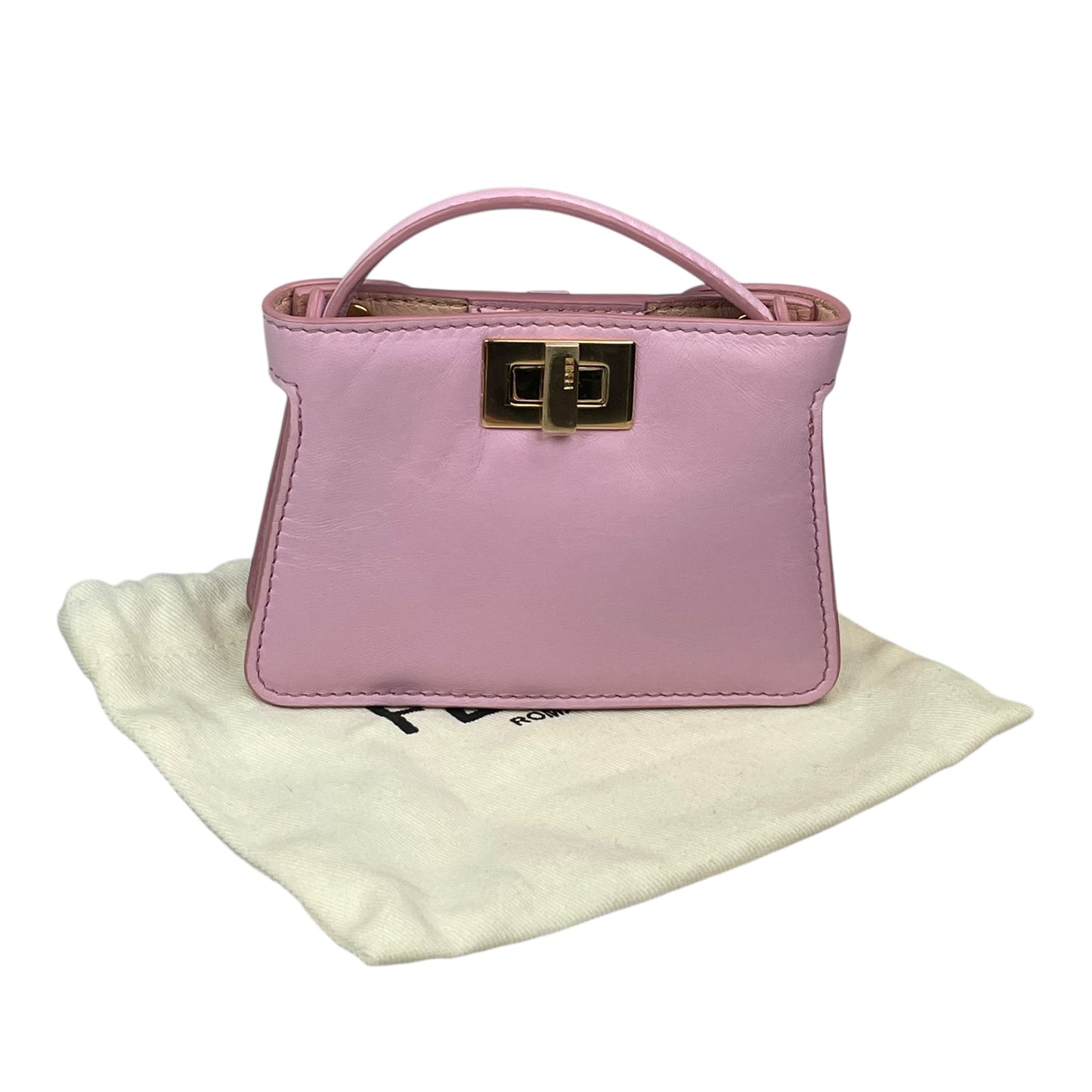 Fendi Peekaboo Micro Nappa Leather Pink Pico Gold Turn-Lock Key Chain Charm Adjustable Purse