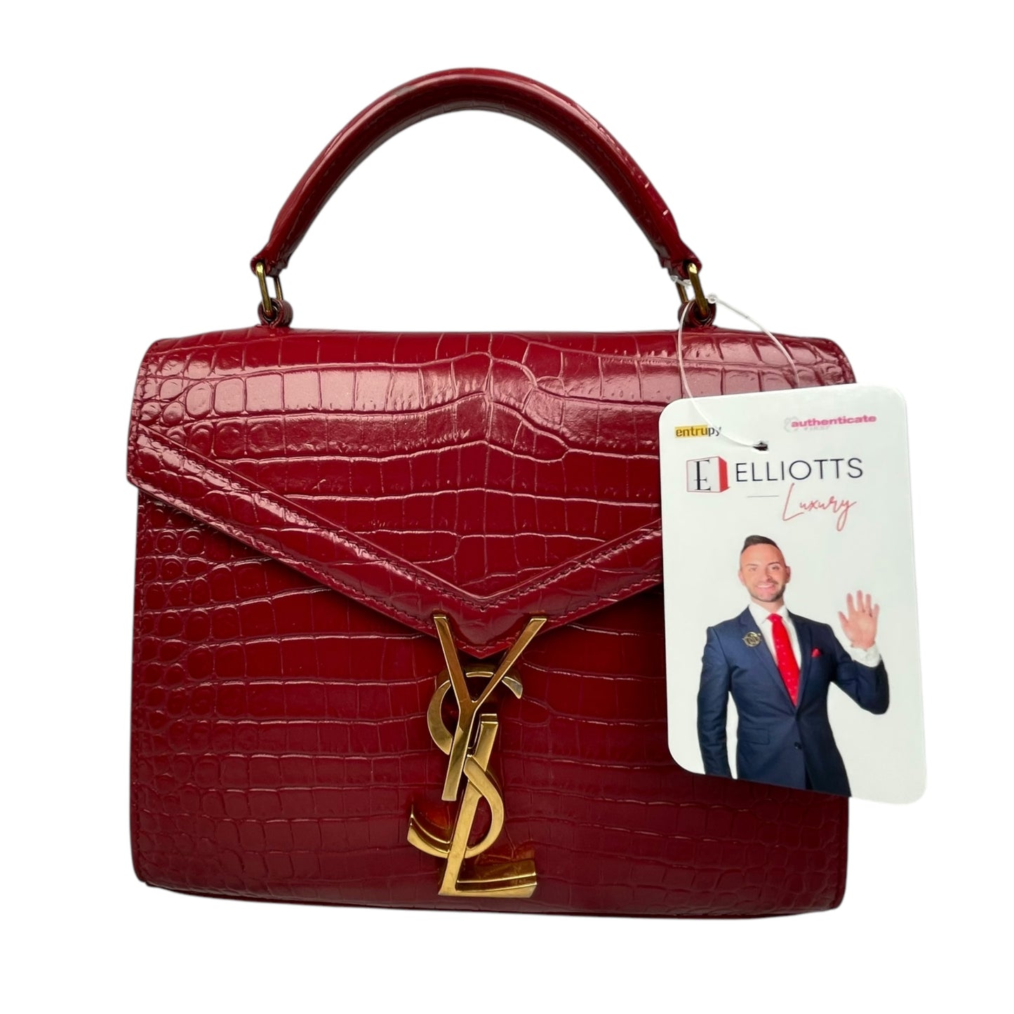 YSL Saint Laurent Mini GHW Bordeaux Croc Embossed Cassandra 2-Way Top Handle