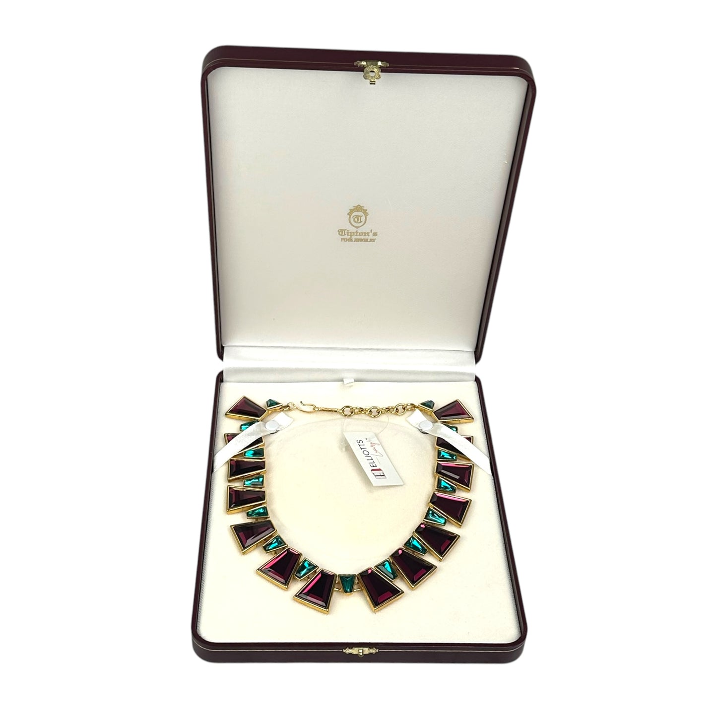 YSL 24K Plated Raspberry Peacock Trapezoid Swarovski Egyptian Mardi Gras Necklace 18"