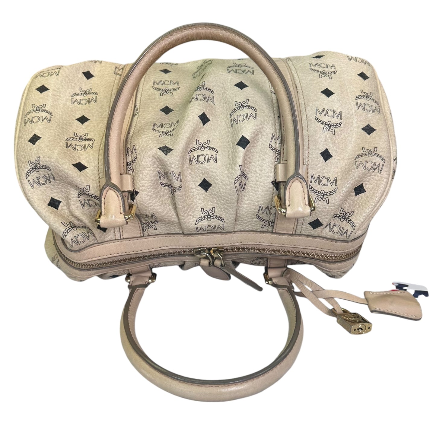 MCM Visetos Coated Canvas Leather Creme Goldtone Leather Satchel Purse