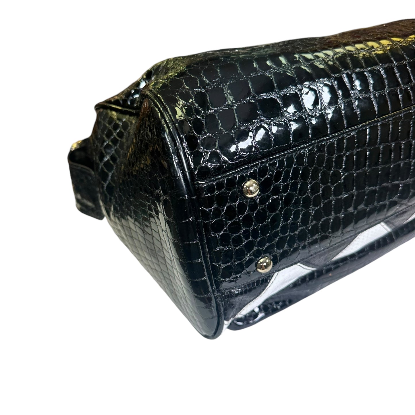 MCM Vinyl Black Checkered Python Croc Embossed Gold Zip Tote Shoulder Satchel