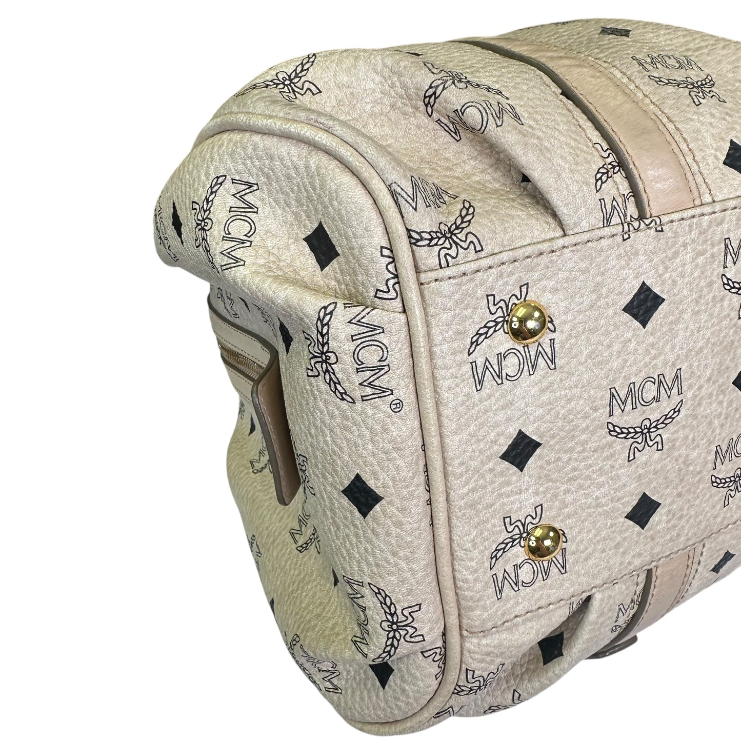 MCM Visetos Coated Canvas Leather Creme Goldtone Leather Satchel Purse