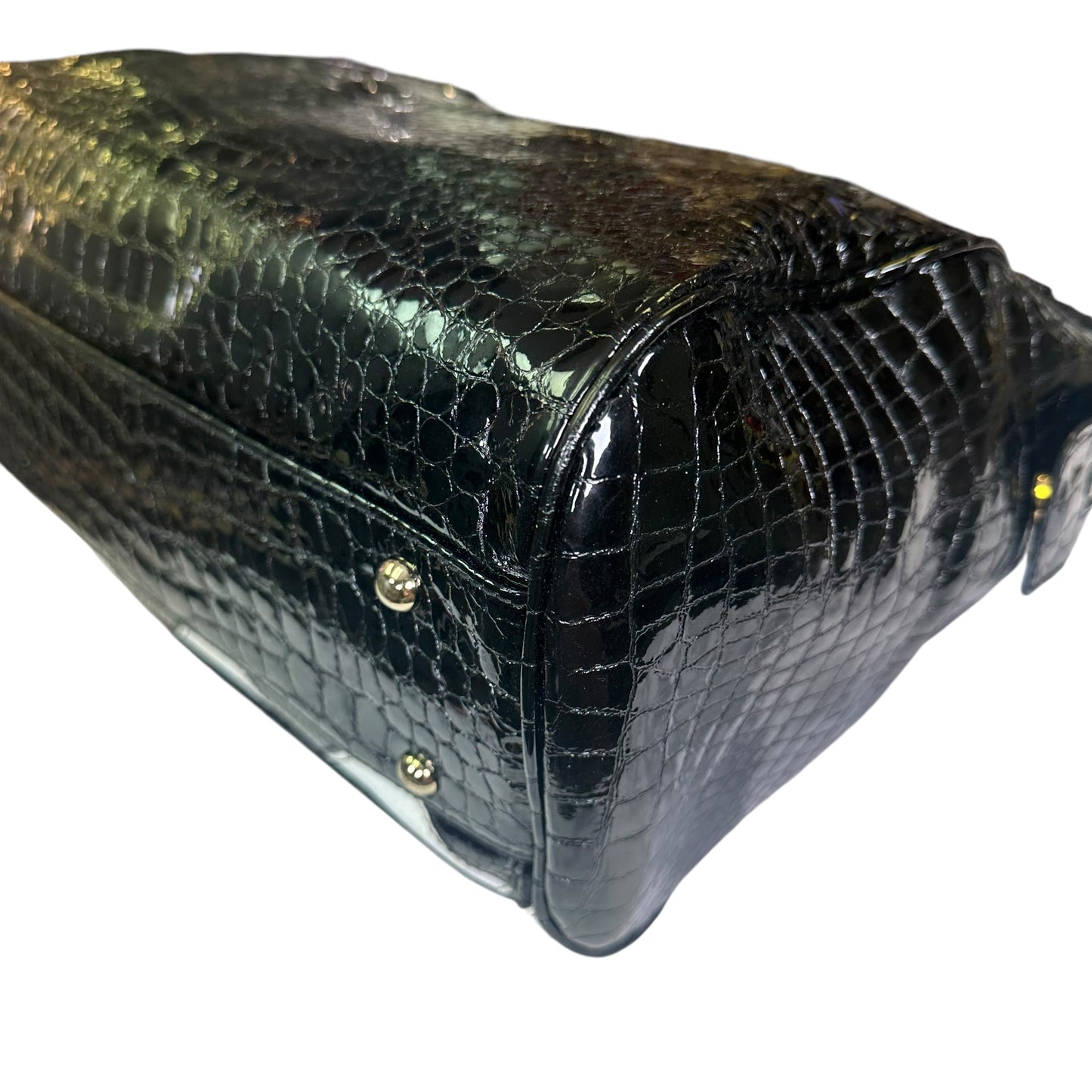 MCM Vinyl Black Checkered Python Croc Embossed Gold Zip Tote Shoulder Satchel
