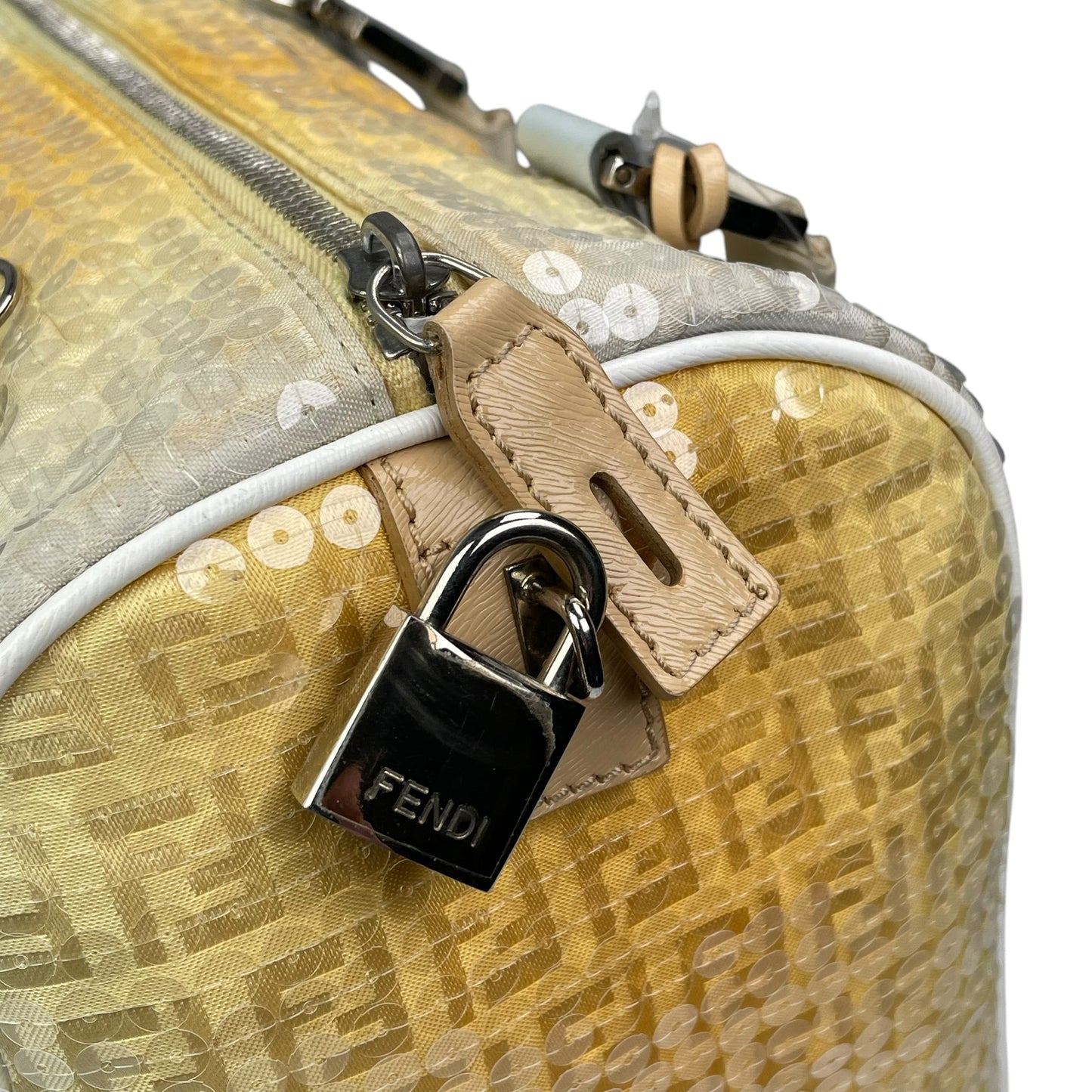 Fendi Zucchino Monogram Forever Sequin Small Leather Yellow Hombre Boston Purse