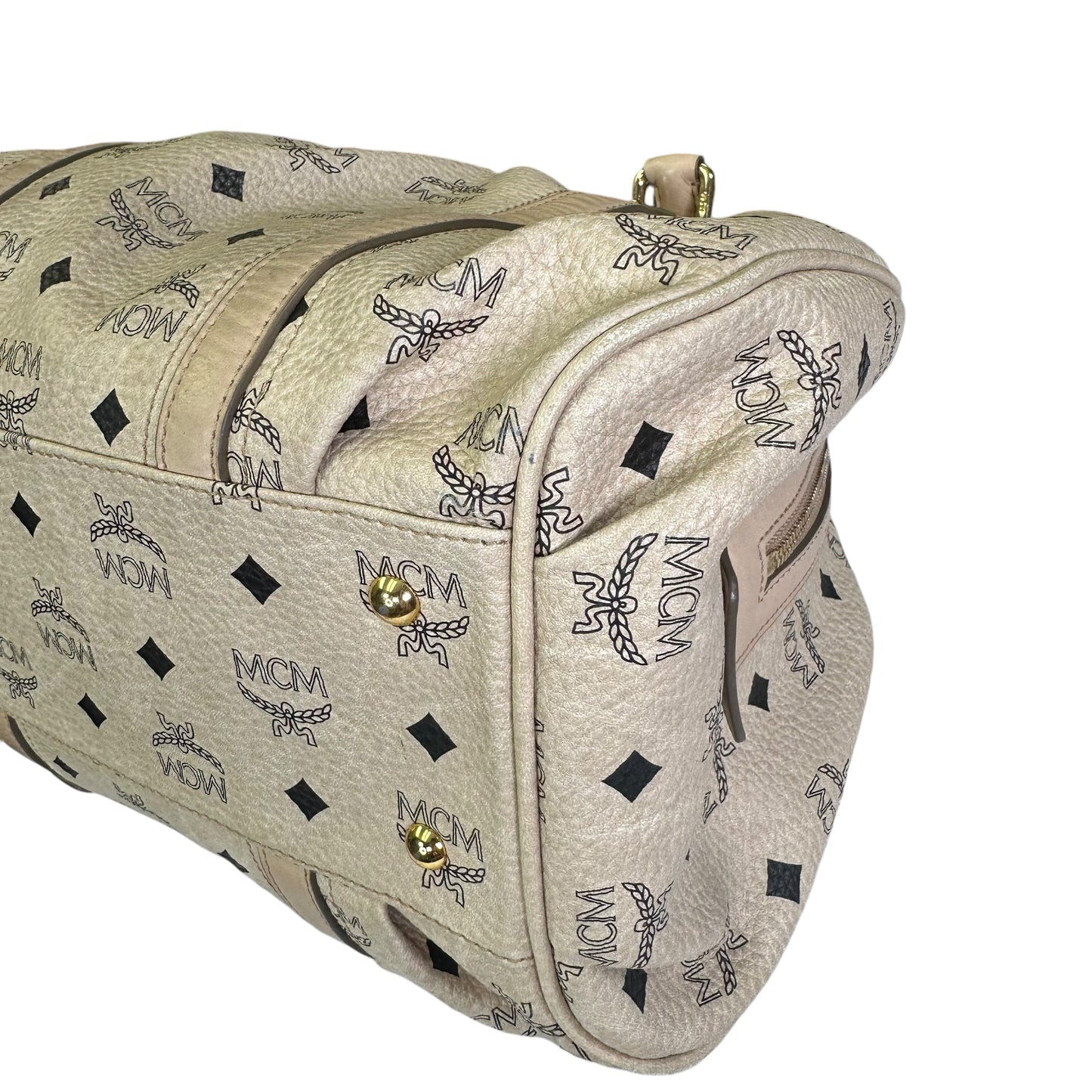 MCM Visetos Coated Canvas Leather Creme Goldtone Leather Satchel Purse