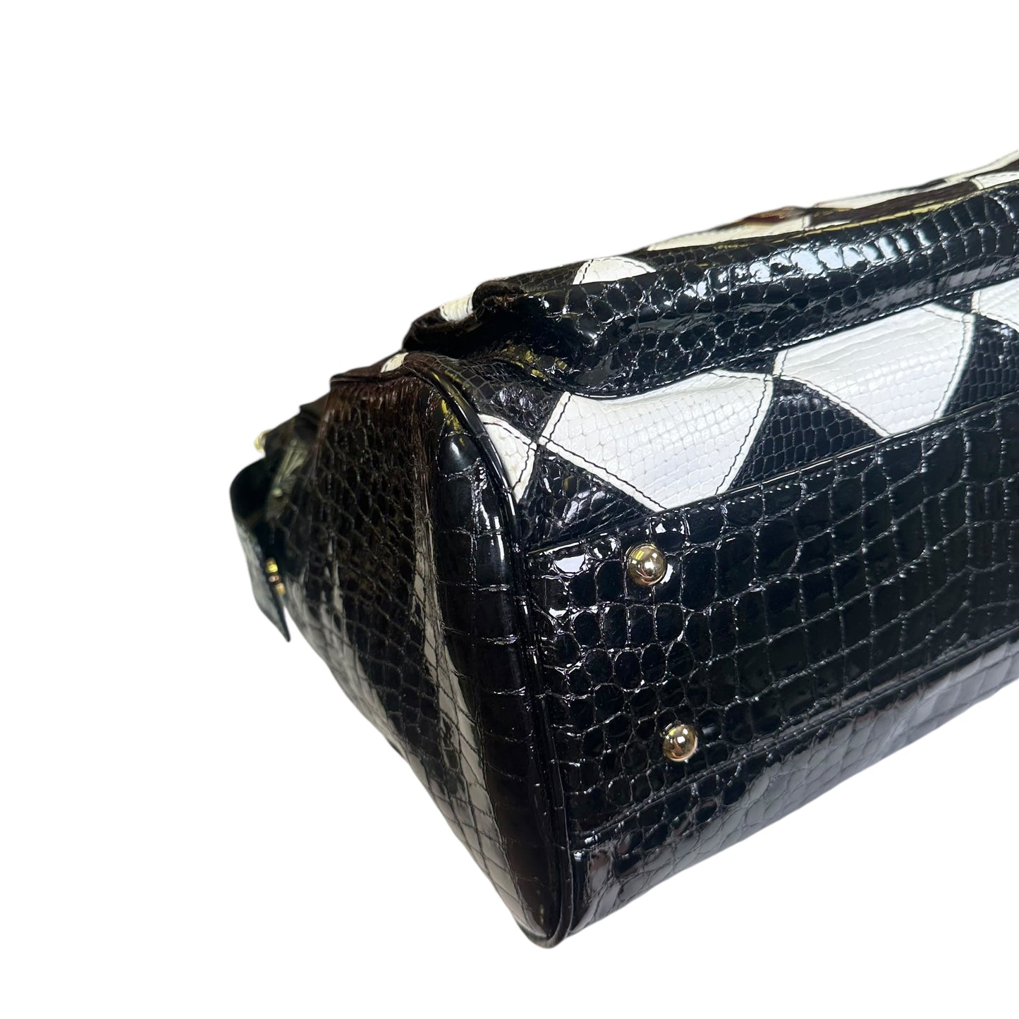 MCM Vinyl Black Checkered Python Croc Embossed Gold Zip Tote Shoulder Satchel