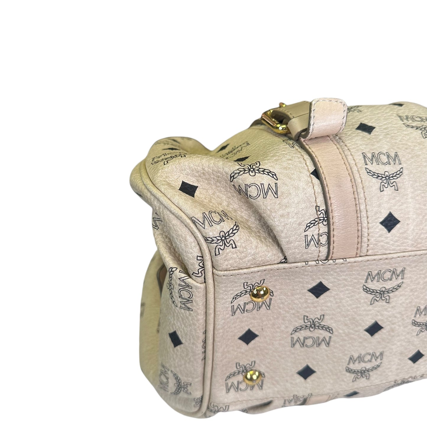 MCM Visetos Coated Canvas Leather Creme Goldtone Leather Satchel Purse