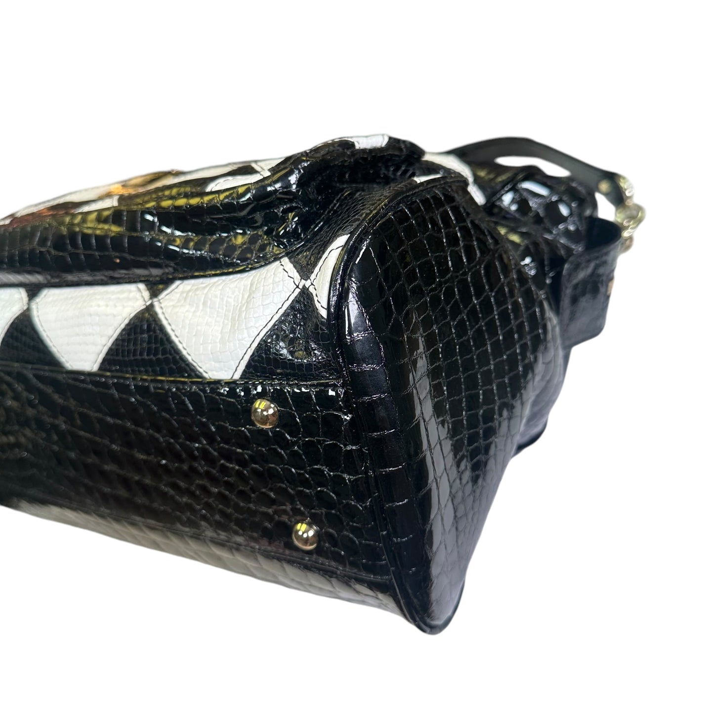 MCM Vinyl Black Checkered Python Croc Embossed Gold Zip Tote Shoulder Satchel
