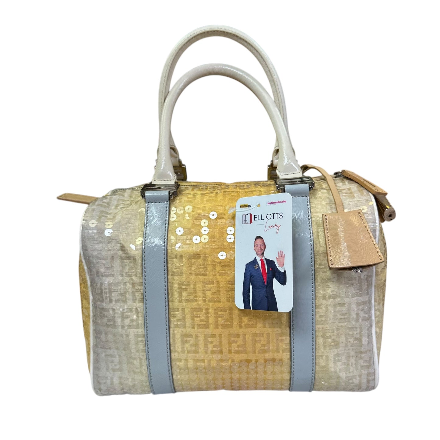 Fendi Zucchino Monogram Forever Sequin Small Leather Yellow Hombre Boston Purse