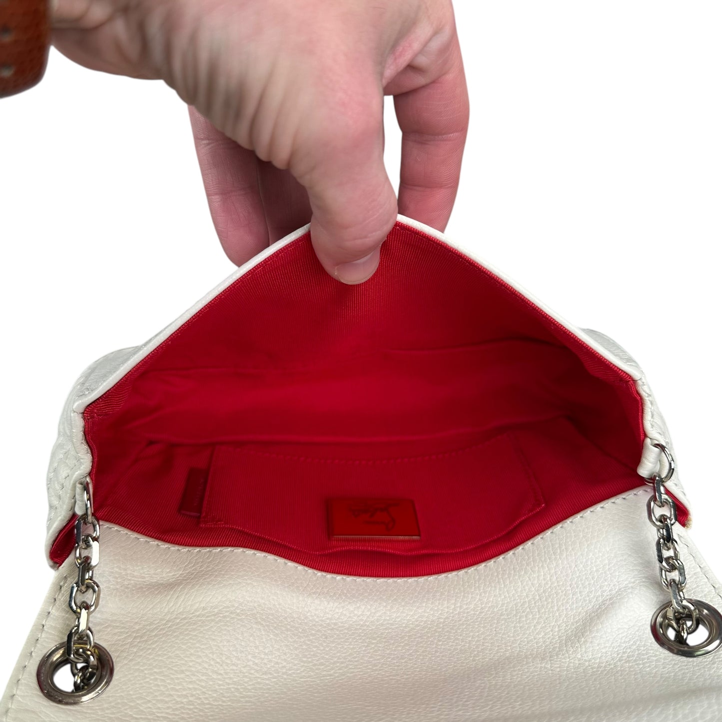 Christian Louboutin Double Flap Studded Strap Shoulder White Leather Small Purse