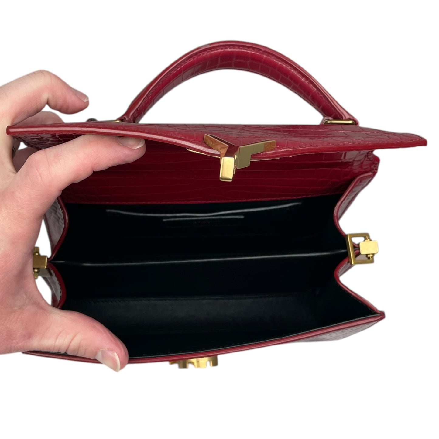 YSL Saint Laurent Mini GHW Bordeaux Croc Embossed Cassandra 2-Way Top Handle