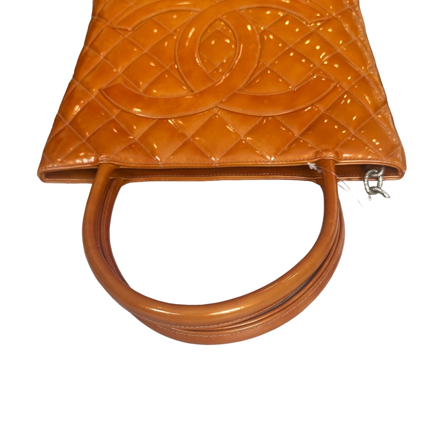 Chanel CC Tangerine Metallic Orange Patent Hombre Medallion Trapezoid Purse