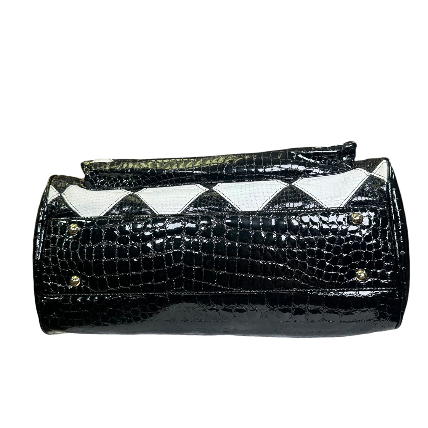 MCM Vinyl Black Checkered Python Croc Embossed Gold Zip Tote Shoulder Satchel