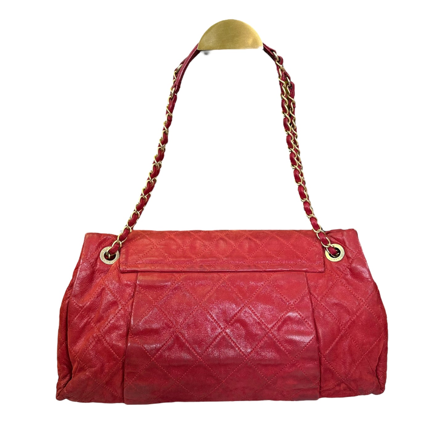 Chanel CC Red Lambskin Coated Irridecent Medium Brushed Gold Flap Turn Lock Two Way Purse