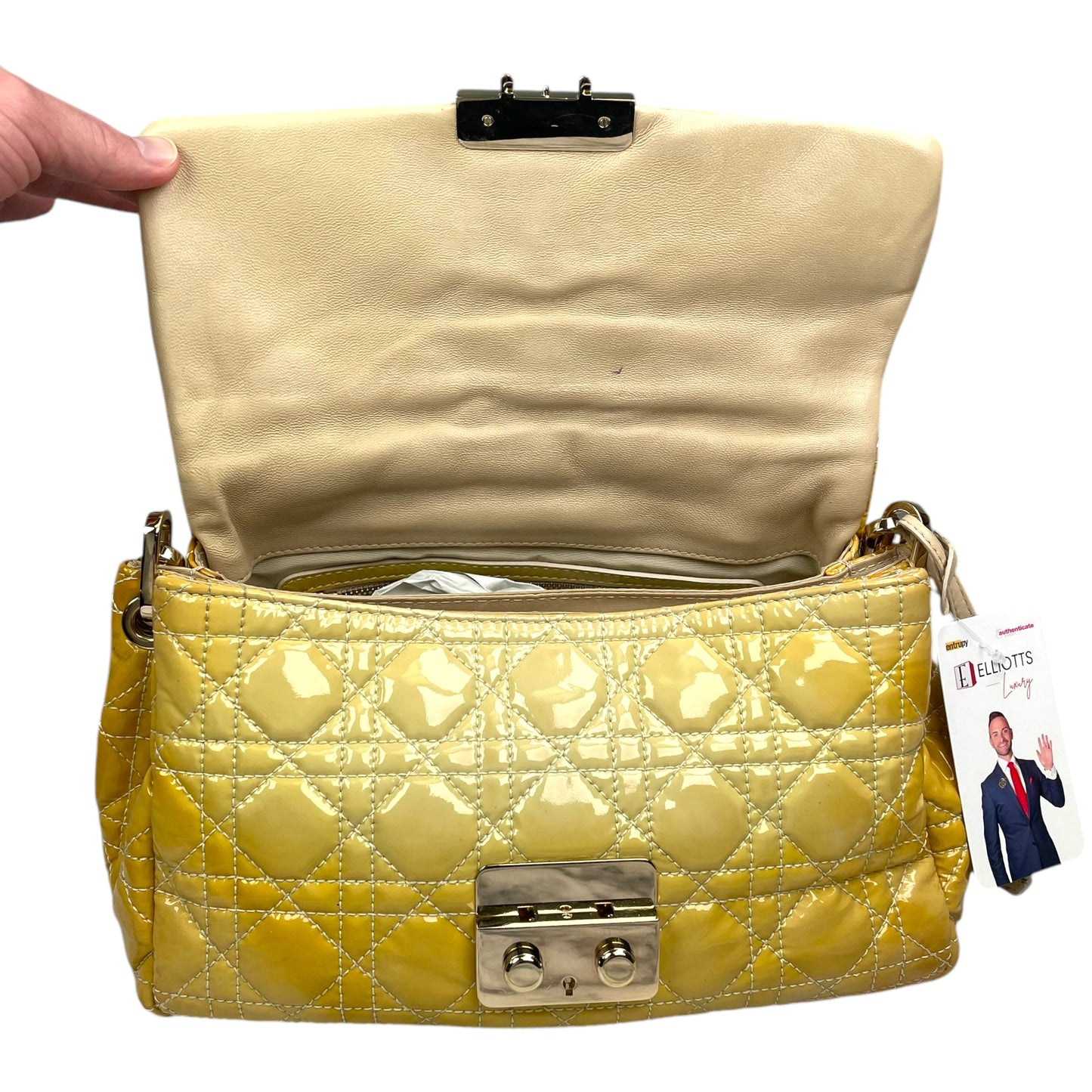 Christian Dior Yellow New Lock Patent Cannage Quilted Flap Shoulder Chain Purse