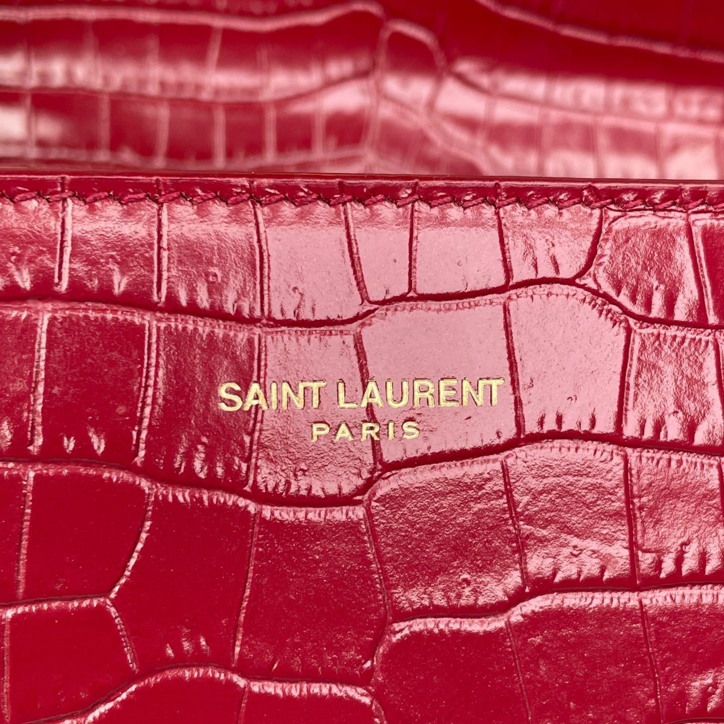 YSL Saint Laurent Mini GHW Bordeaux Croc Embossed Cassandra 2-Way Top Handle