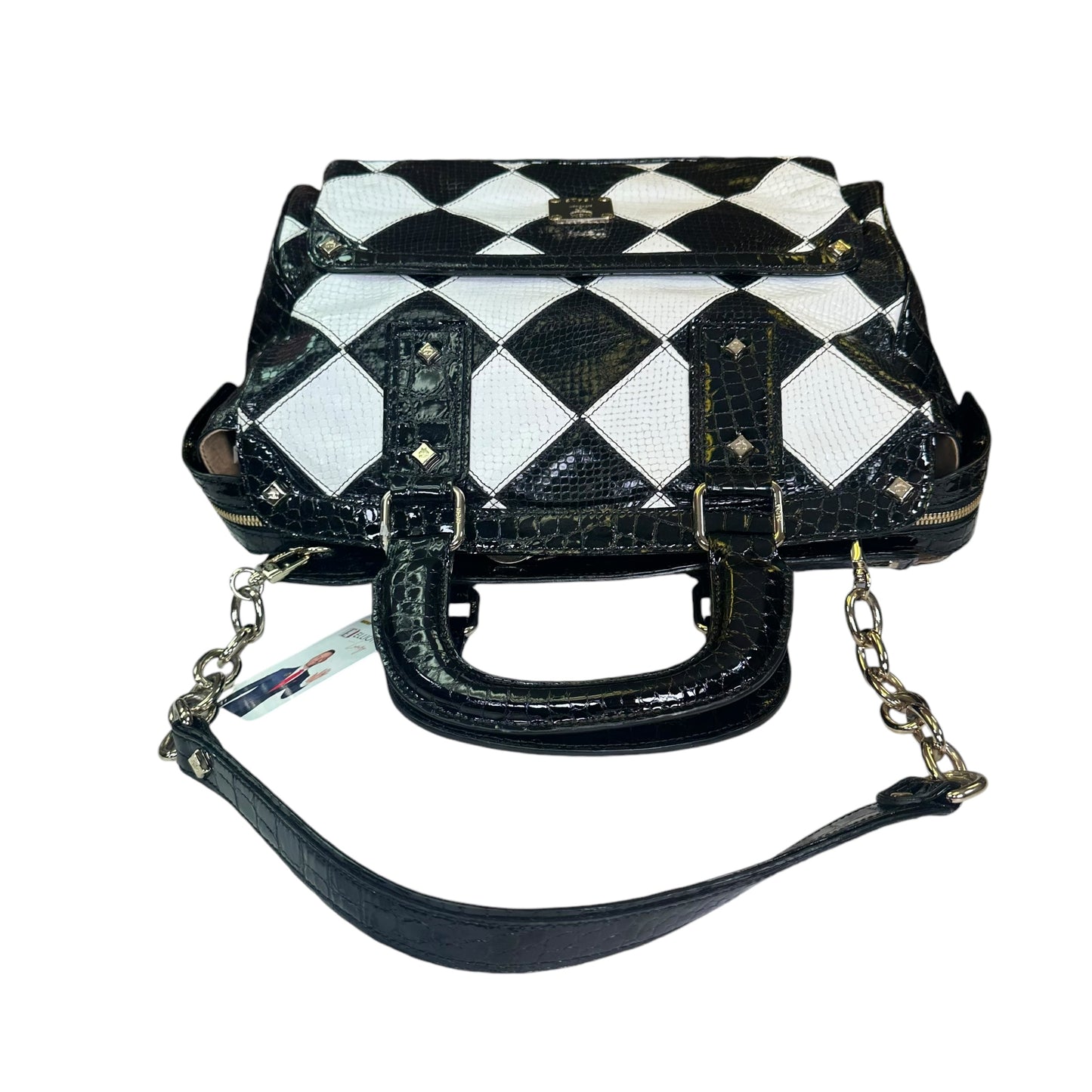 MCM Vinyl Black Checkered Python Croc Embossed Gold Zip Tote Shoulder Satchel
