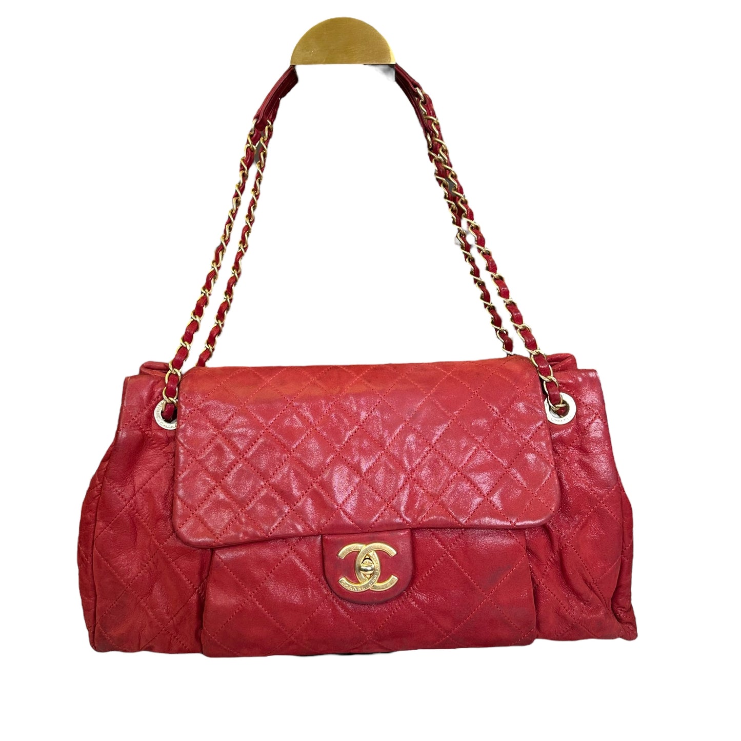 Chanel CC Red Lambskin Coated Irridecent Medium Brushed Gold Flap Turn Lock Two Way Purse