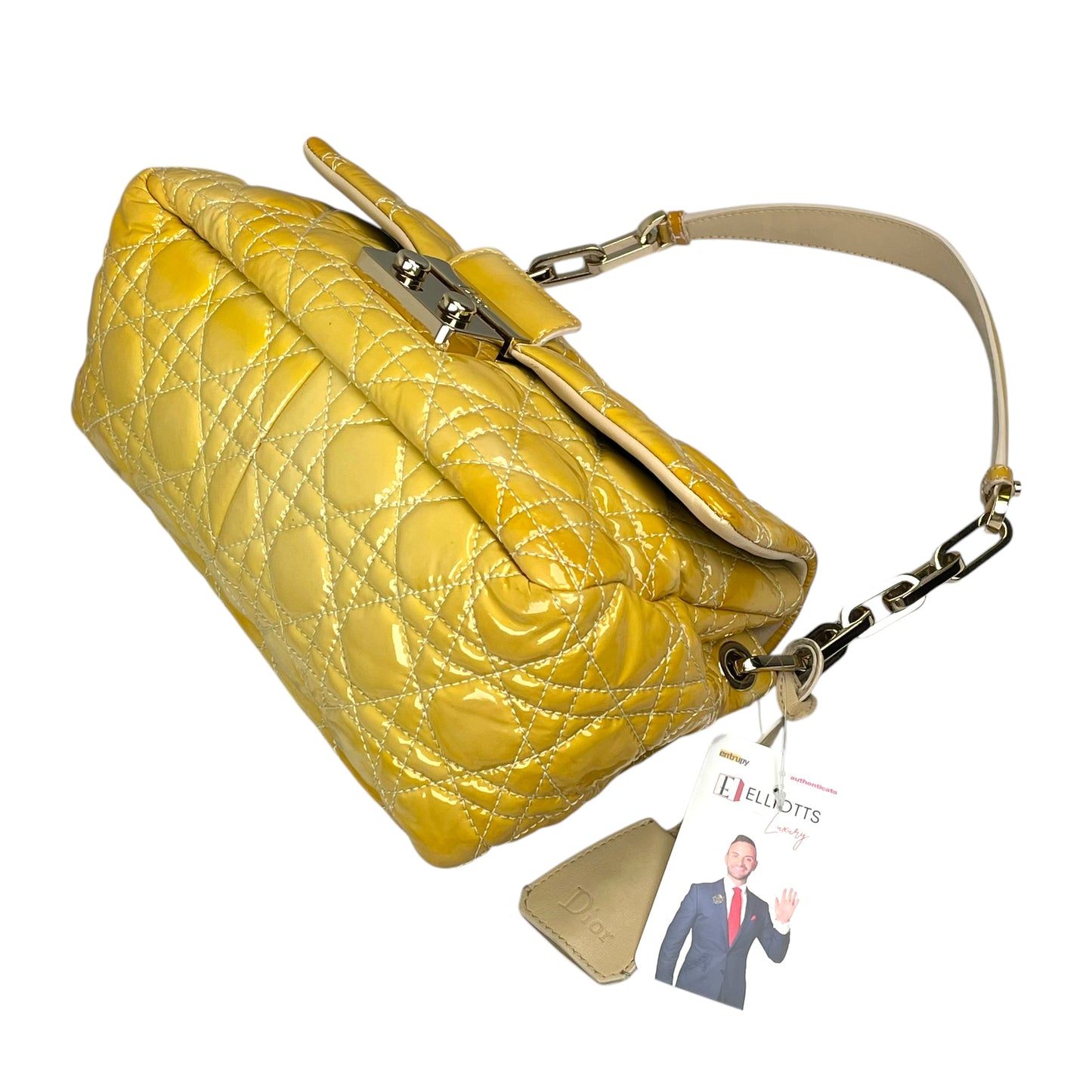 Christian Dior Yellow New Lock Patent Cannage Quilted Flap Shoulder Chain Purse