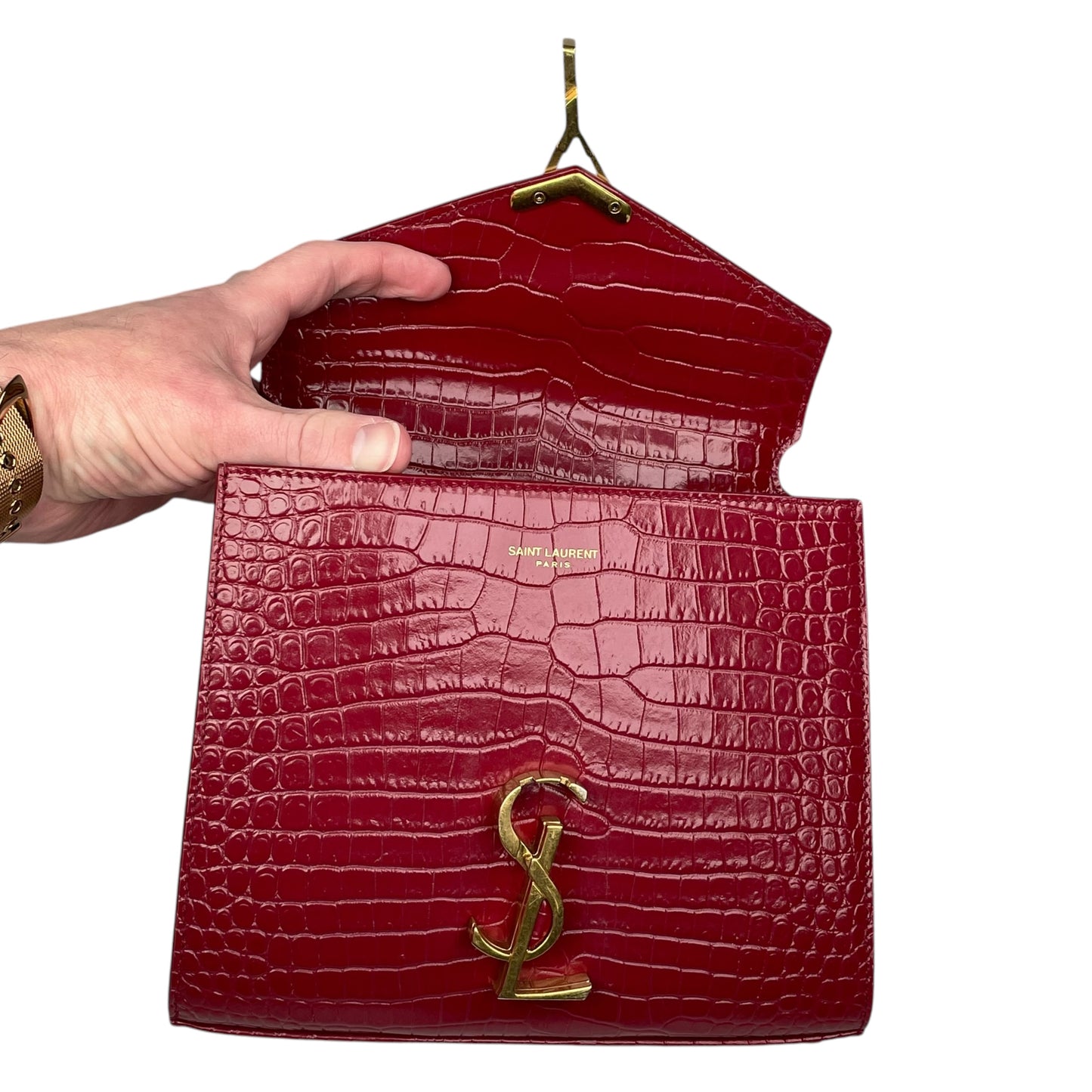 YSL Saint Laurent Mini GHW Bordeaux Croc Embossed Cassandra 2-Way Top Handle